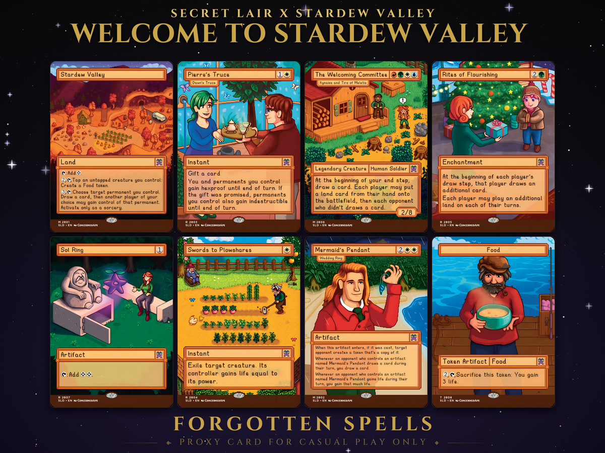 Secret Lair x Stardew Valley Welcome to Stardew Valley MTG proxy set, 8 pixel art cards by ConcernedApe