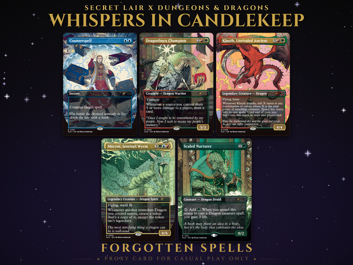 Secret Lair x Dungeons & Dragons: Whispers in Candlekeep MTG proxy set, 5 cards