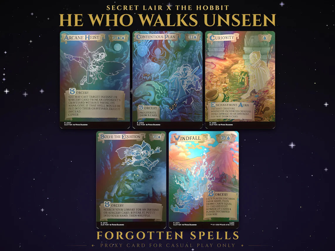 Secret Lair x The Hobbit He Who Walks Unseen MTG proxy set, 5 blue ghostly Bilbo cards