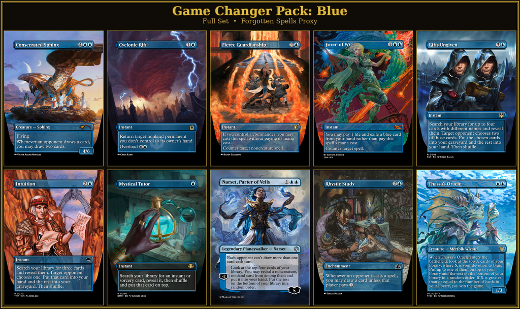 Blue Game Changers Proxy Pack | 10 Cards | MTG Commander | Forgotten Spells