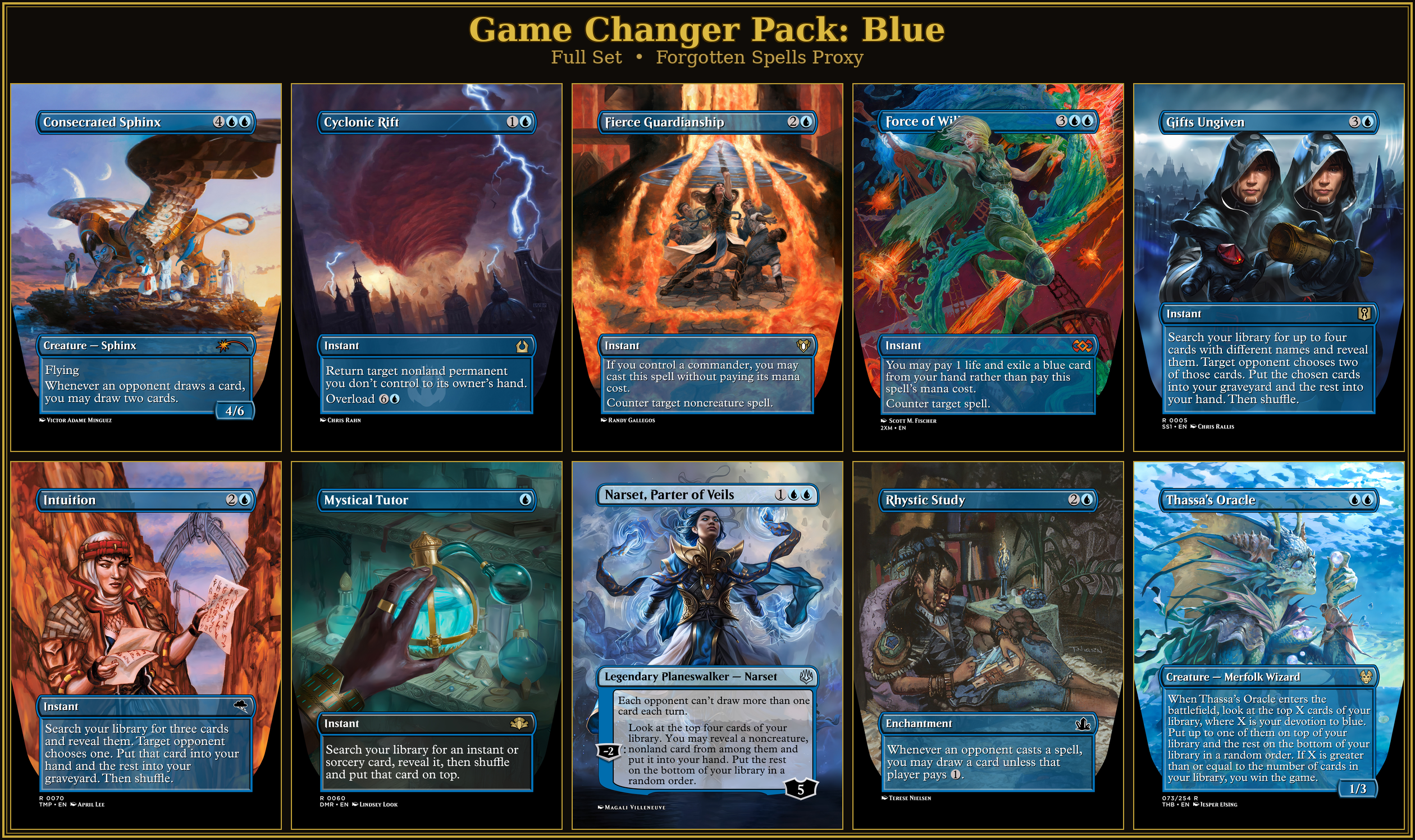 Blue Game Changers Proxy Pack | 10 Cards | MTG Commander | Forgotten Spells