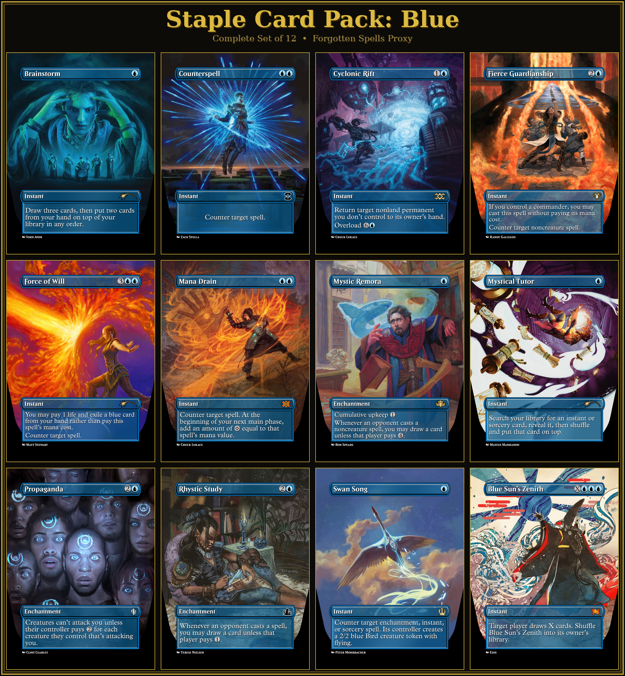 Blue Staples Proxy Pack | 12 Cards | MTG Commander Essentials | Forgotten Spells