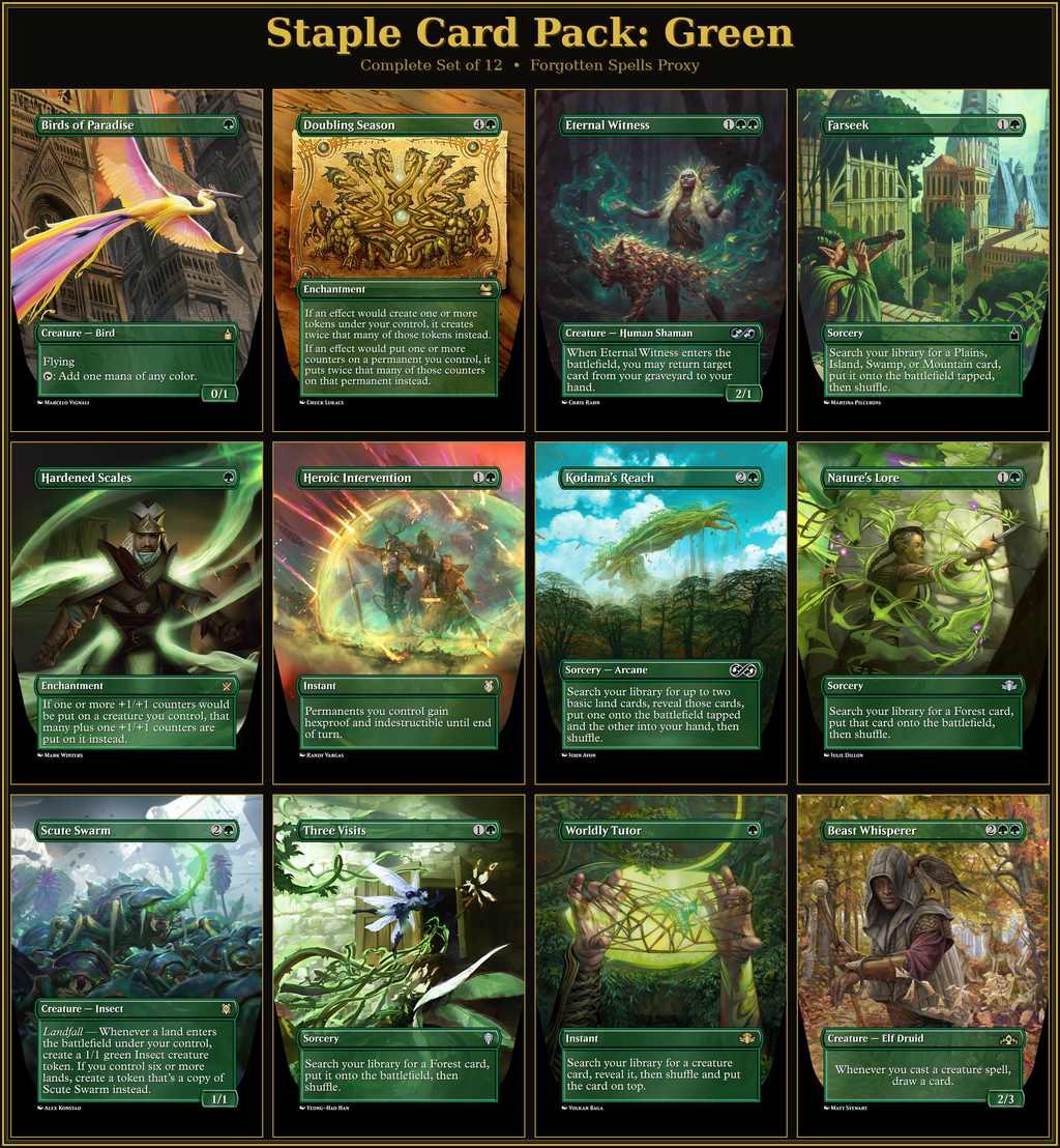 Green Staples Proxy Pack | 12 Cards | MTG Commander Essentials | Forgotten Spells