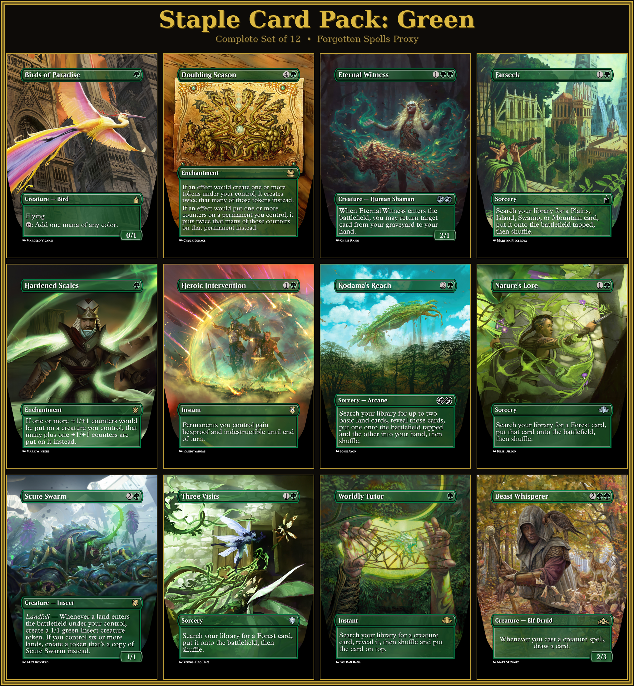 Green Staples Proxy Pack | 12 Cards | MTG Commander Essentials | Forgotten Spells