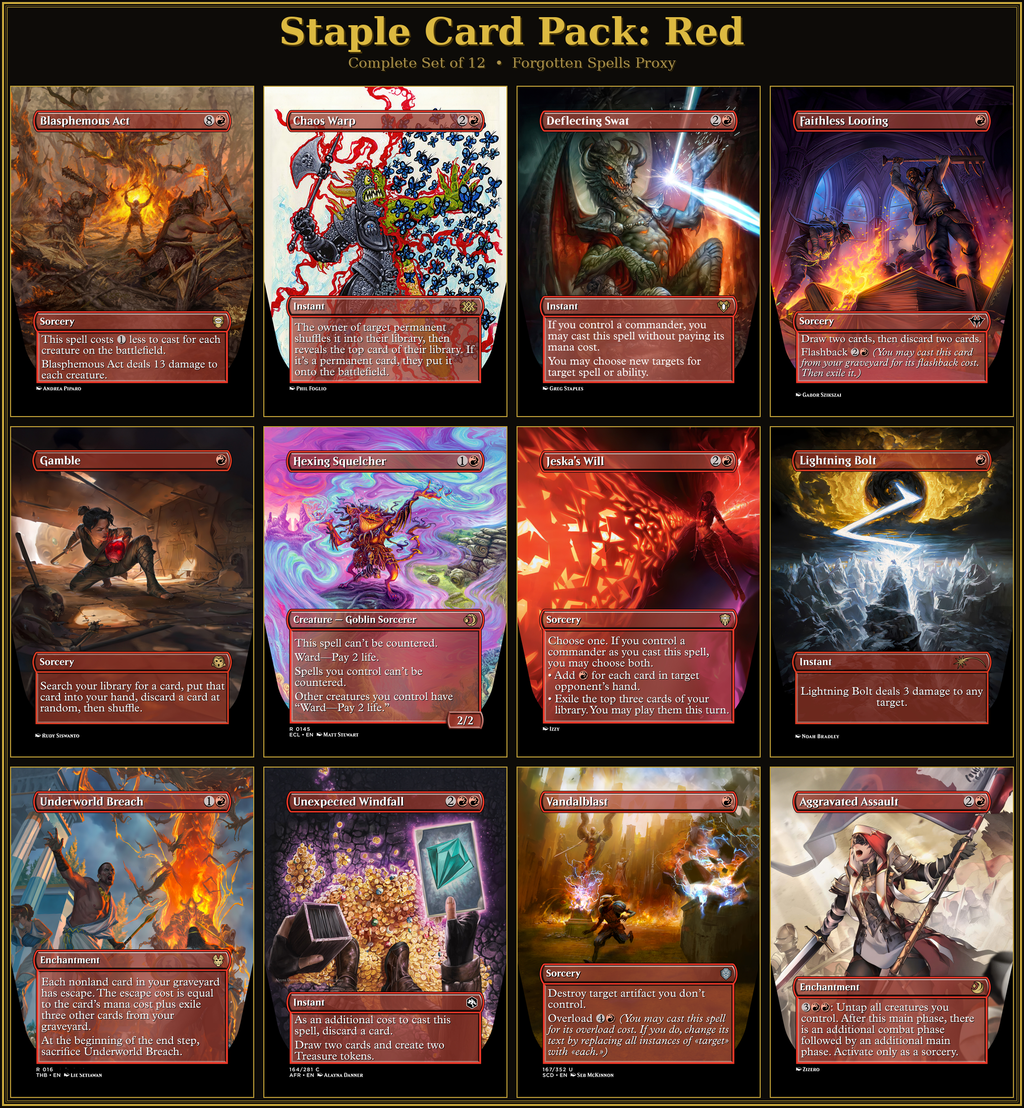 Red Staples Proxy Pack | 12 Cards | MTG Commander Essentials | Forgotten Spells